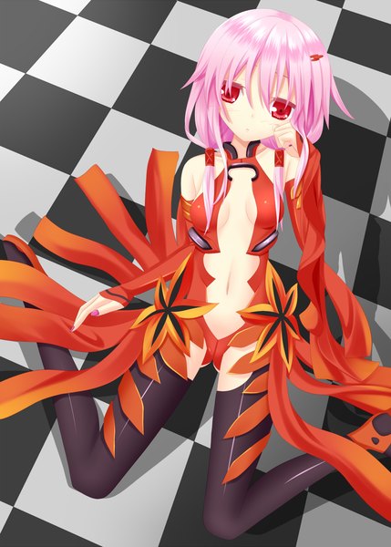 Anime picture 1072x1500 with guilty crown production i.g yuzuriha inori yoye (pastel white) single long hair tall image red eyes pink hair nail polish checkered floor center opening girl thighhighs black thighhighs bodysuit