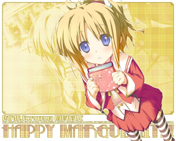 Anime picture 1280x1024 with happy margaret minahase karin kokonoka single looking at viewer blush short hair blonde hair purple eyes game cg ponytail from above loli girl uniform school uniform