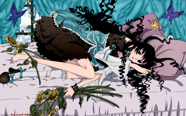 Anime picture 1920x1200 with xxxholic clamp kunogi himawari highres black hair wide image curly hair girl dress insect butterfly sunflower