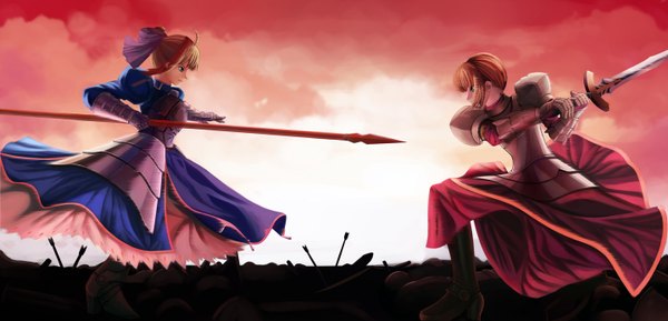 Anime picture 1440x694 with fate (series) fate/stay night studio deen type-moon artoria pendragon (all) saber saber lily aya (star) fringe blue eyes blonde hair wide image multiple girls cloud (clouds) evening sunset eye contact fighting stance dual persona girl