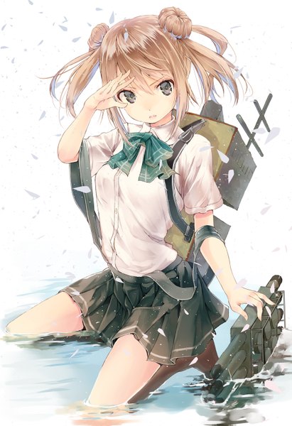 Anime picture 961x1400 with kantai collection michishio destroyer michishio (kantai collection) yae (mono110) single long hair tall image brown hair twintails grey eyes hair bun (hair buns) kneeling salute girl skirt weapon miniskirt shirt petals water