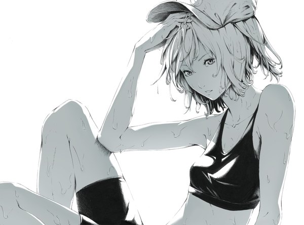 Anime picture 1024x760 with touhou kawashiro nitori sousou (sousouworks) single short hair white background white hair wet grey eyes monochrome girl hat