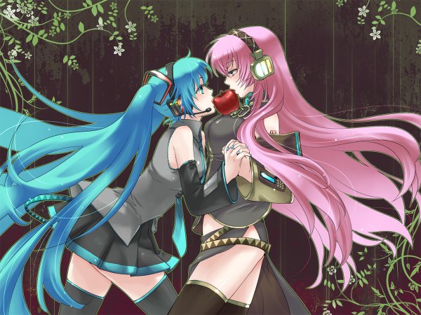Anime picture 1200x900 with vocaloid hatsune miku megurine luka motisako (artist) light erotic standing bare shoulders multiple girls holding pink hair ahoge very long hair pleated skirt aqua eyes aqua hair wide sleeves leaning leaning forward mouth hold holding hands