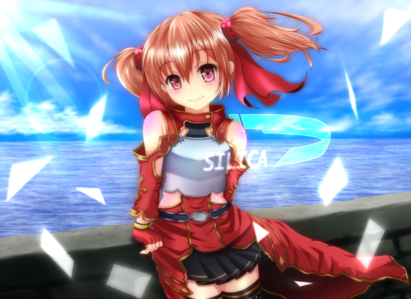Anime picture 1602x1168 with sword art online a-1 pictures silica machikado no boushiya short hair red eyes brown hair twintails bare shoulders cloud (clouds) zettai ryouiki character names short twintails girl thighhighs skirt ribbon (ribbons) black thighhighs hair ribbon detached sleeves