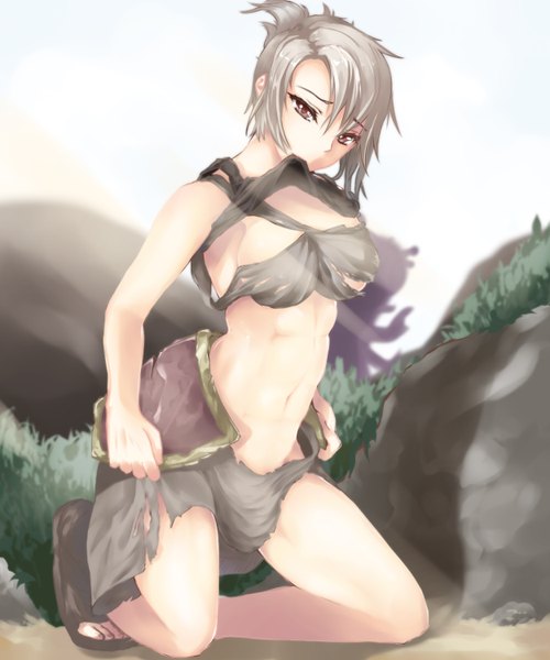 Anime picture 2500x3000 with league of legends riven (league of legends) bbayu single tall image highres short hair light erotic brown eyes grey hair kneeling girl navel