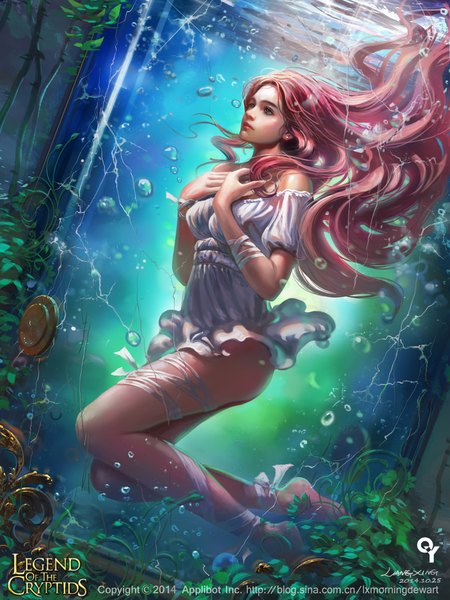 Anime picture 1500x2000 with legend of the cryptids liang xing long hair tall image blue eyes signed looking away pink hair bent knee (knees) barefoot lips realistic short sleeves no shoes puffy sleeves copyright name hand on chest dated underwater destruction