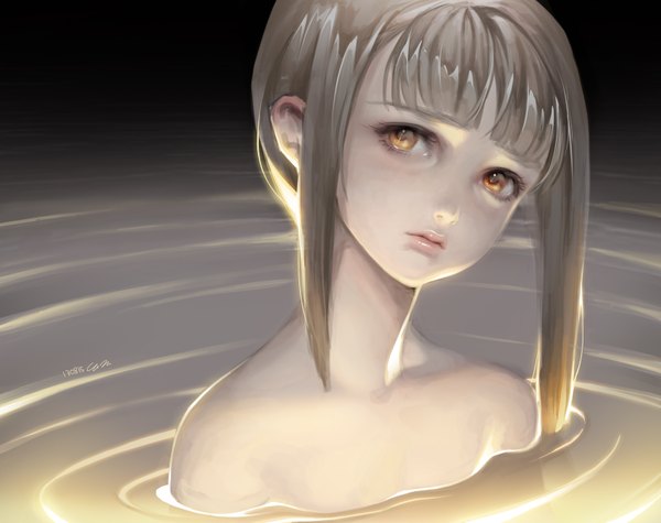 Anime picture 3404x2700 with original angju single long hair highres blonde hair bare shoulders signed absurdres orange eyes close-up face girl water