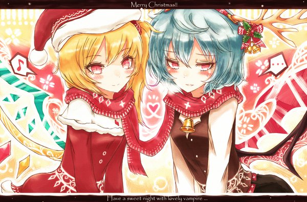 Anime picture 1920x1266 with touhou flandre scarlet remilia scarlet kyuumoto kuku looking at viewer blush highres short hair blonde hair smile red eyes multiple girls blue hair long sleeves parted lips horn (horns) light smile sweat leaning alternate costume