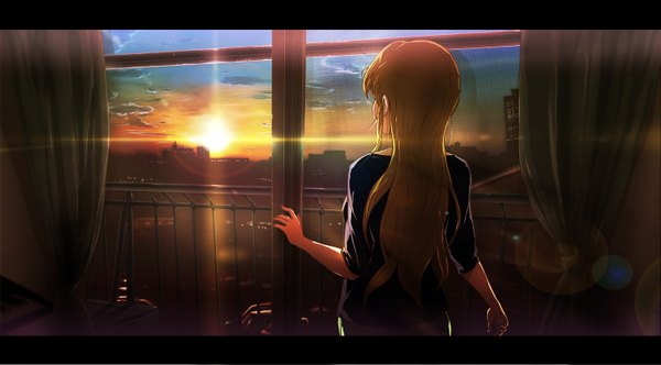 Anime picture 1460x810 with original 71 single long hair brown hair wide image looking away sky cloud (clouds) sunlight back city letterboxed cityscape girl window sun