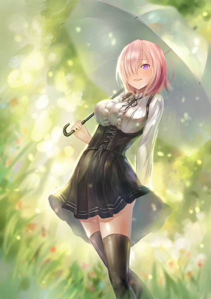 Anime picture 1000x1418 with fate (series) fate/grand order mash kyrielight yahiro (666131415) single tall image looking at viewer blush fringe short hair breasts open mouth smile purple eyes holding pink hair outdoors :d pleated skirt blurry