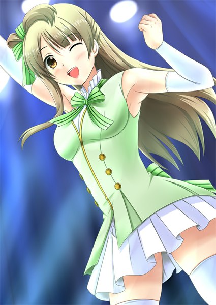 Anime picture 800x1130 with love live! school idol project sunrise (studio) love live! minami kotori fuuma nagi single long hair tall image looking at viewer blush open mouth blonde hair brown eyes one eye closed wink girl thighhighs dress skirt detached sleeves