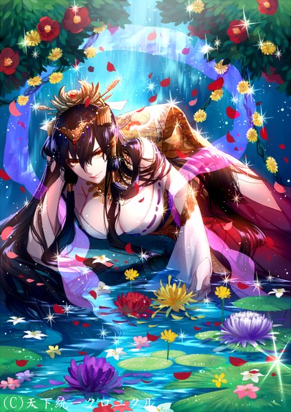 Anime picture 1156x1636 with original tayuya1130 single tall image looking at viewer fringe breasts light erotic large breasts purple hair very long hair wind lips orange eyes girl hair ornament flower (flowers) petals water necklace