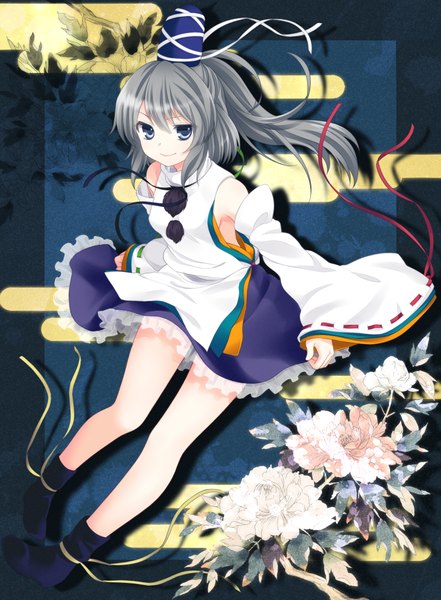 Anime picture 1490x2024 with touhou mononobe no futo etou (cherry7) single tall image short hair blue eyes smile grey hair girl flower (flowers) detached sleeves
