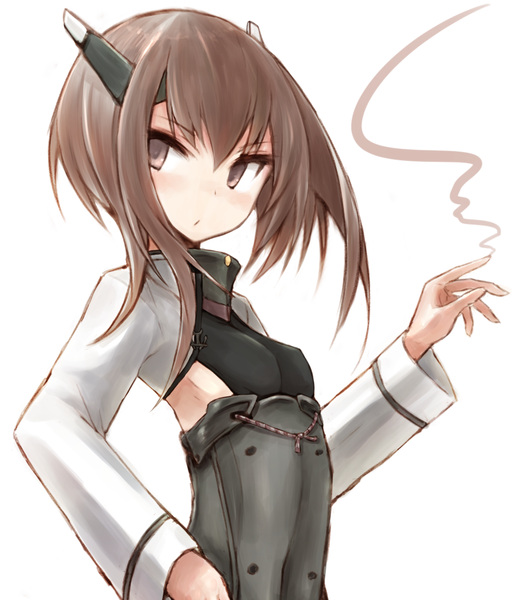 Anime picture 1036x1185 with kantai collection taihou armored aircraft carrier taihou (kantai collection) buran (kure) single tall image blush short hair light erotic simple background brown hair white background brown eyes looking away hand on hip girl