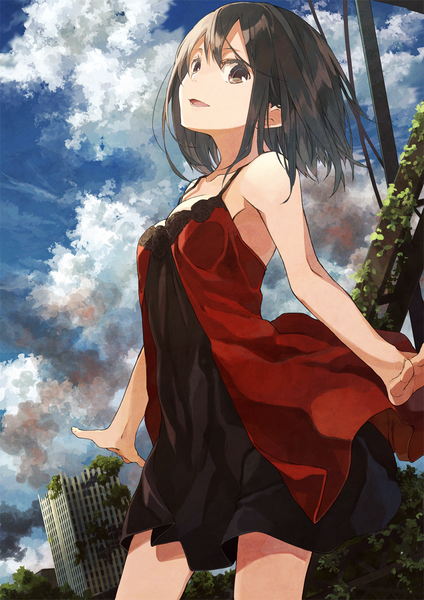 Anime picture 848x1200 with original tsukugu single tall image looking at viewer fringe short hair open mouth smile brown hair standing bare shoulders brown eyes sky cloud (clouds) sunlight bare legs spread arms ruins destruction