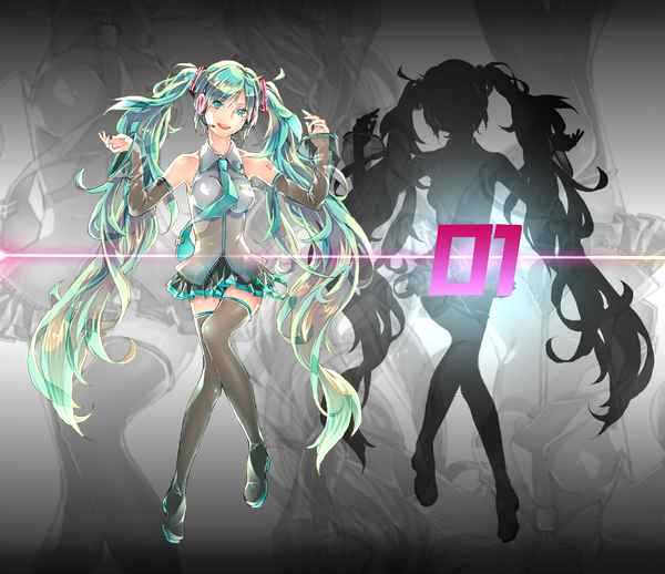 Anime picture 1100x950 with vocaloid hatsune miku ena1215 single long hair twintails bare shoulders nail polish aqua eyes aqua hair girl skirt detached sleeves necktie thigh boots