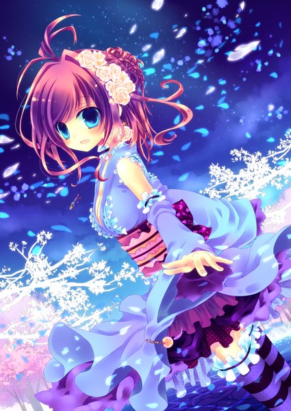 Anime picture 1298x1833 with original konno kengo single tall image blue eyes red hair hair flower girl thighhighs hair ornament flower (flowers) detached sleeves petals striped thighhighs