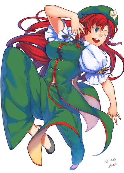 Anime picture 1072x1500 with touhou hong meiling azusa (hws) single long hair tall image open mouth blue eyes simple background white background signed red hair braid (braids) one eye closed wink twin braids girl bell beret jingle bell