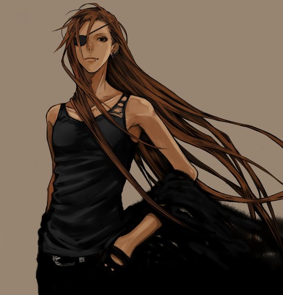 Anime picture 1923x2000 with dogs: bullets & carnage david production badou nails koutarou (artist) single long hair tall image looking at viewer highres simple background brown hair black eyes piercing brown background boy earrings cape pants eyepatch tank top