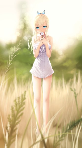 Anime picture 2953x5315 with boku wa tomodachi ga sukunai kashiwazaki sena cait single long hair tall image looking at viewer blush fringe highres breasts blue eyes blonde hair smile standing bare shoulders holding payot full body outdoors