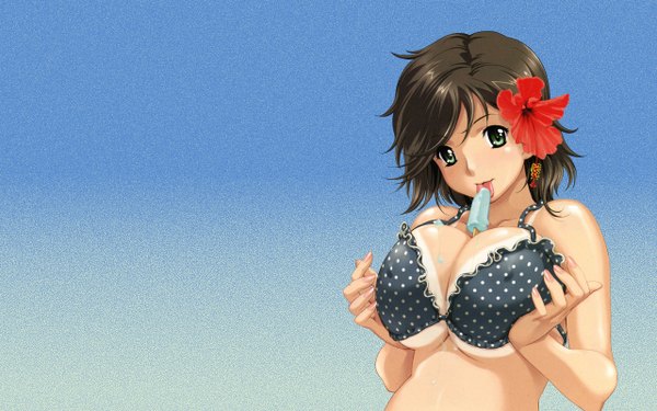 Anime picture 2560x1600 with happoubi jin single highres breasts light erotic wide image upper body hair flower between breasts tan lines girl flower (flowers) swimsuit bikini hibiscus popsicle polka dot bikini