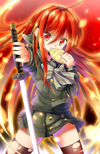Anime picture 650x1000 with shakugan no shana j.c. staff shana tyone single tall image looking at viewer hair between eyes red eyes standing holding ahoge red hair very long hair torn clothes outstretched arm eating girl thighhighs uniform