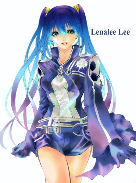 Anime picture 1016x1366 with d.gray-man lenalee lee yuzu 5101 single long hair tall image looking at viewer fringe blue eyes simple background hair between eyes white background twintails blue hair character names girl jacket shorts belt short shorts