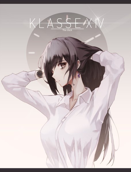 Anime picture 1000x1316 with original klasse14 crying eye single long hair tall image looking at viewer fringe hair between eyes brown hair brown eyes upper body profile gradient background adjusting hair letterboxed girl shirt white shirt clock