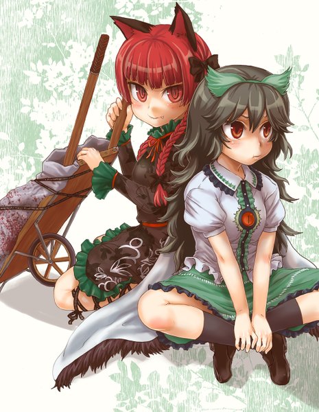 Anime picture 1000x1291 with touhou reiuji utsuho kaenbyou rin asanagi long hair tall image looking at viewer blush short hair black hair red eyes multiple girls brown eyes animal ears looking away red hair teeth loli fang (fangs) girl