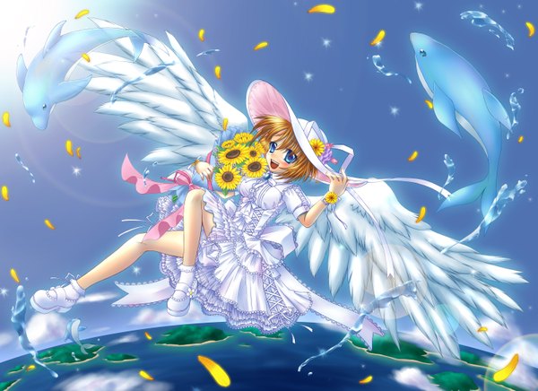 Anime picture 2953x2146 with highres blue eyes blonde hair flying girl dress flower (flowers) hat animal petals wings sunflower planet earth dolphin