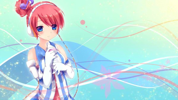 Anime picture 1500x843 with vocaloid akikoroid-chan single blush short hair blue eyes wide image bare shoulders pink hair girl dress gloves elbow gloves headphones bottle