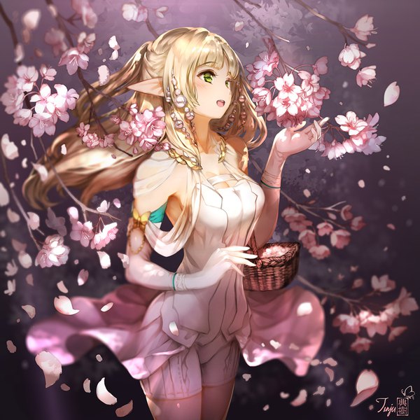 Anime picture 1500x1500 with original kawamatsu yoshinori single long hair blush fringe open mouth blonde hair smile standing green eyes signed looking away ponytail arm up wind pointy ears cherry blossoms happy elf