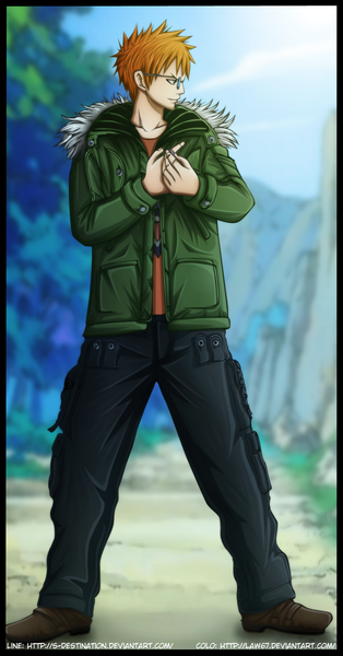 Anime picture 787x1500 with fairy tail loke law67 single tall image short hair smile brown hair sky profile sunlight grey eyes coloring mountain framed boy plant (plants) tree (trees) glasses jacket