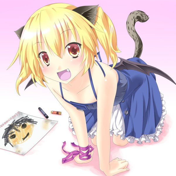 Anime picture 1800x1800 with yuto (dialique) highres short hair open mouth blonde hair animal ears yellow eyes cat ears teeth cat tail fang (fangs) girl dress ribbon (ribbons) wings