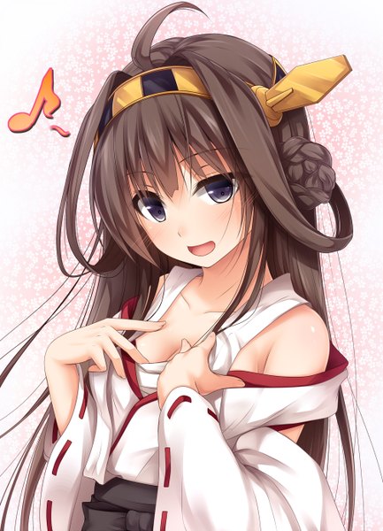 Anime picture 1000x1384 with kantai collection kongou battleship haryuu (poetto) single long hair tall image looking at viewer blush open mouth blue eyes light erotic brown hair ahoge nontraditional miko girl hair ornament