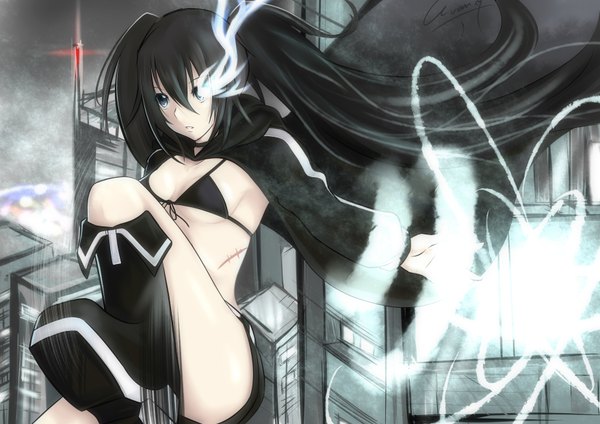 Anime picture 3507x2480 with black rock shooter black rock shooter (character) evan yang long hair highres blue eyes black hair twintails absurdres glowing scar glowing eye (eyes) girl boots bikini top