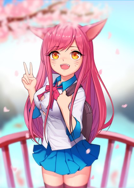 Anime picture 1800x2515 with league of legends ahri (league of legends) academy ahri (league of legends) lee seok ho single long hair tall image looking at viewer blush fringe highres breasts open mouth light erotic smile holding animal ears yellow eyes pink hair outdoors