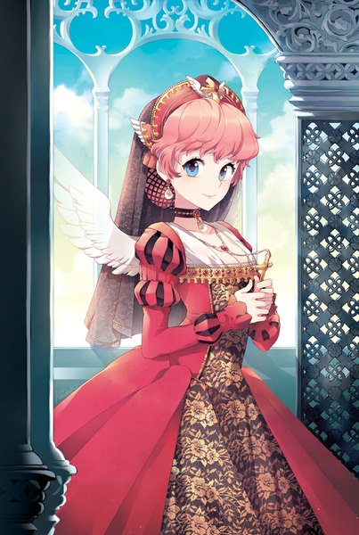 Anime picture 672x1000 with original nardack single tall image looking at viewer short hair blue eyes smile pink hair girl dress wings cross
