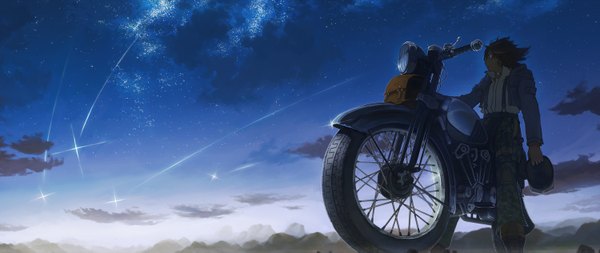 Anime picture 3000x1269 with original hatsuga (dmaigmai) single highres short hair wide image standing holding looking away sky cloud (clouds) night mountain scenic riding meteor rain boy hat shirt boots