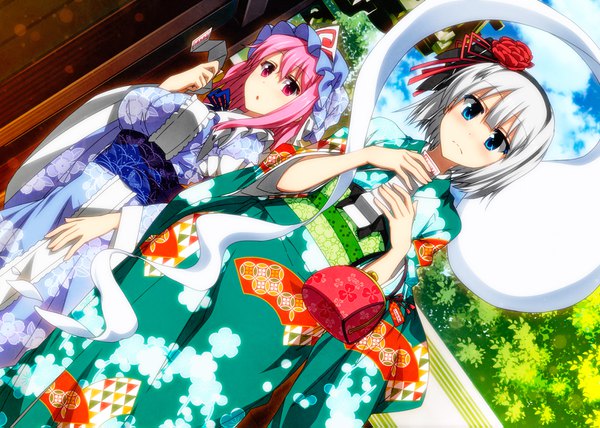 Anime picture 1600x1143 with touhou konpaku youmu saigyouji yuyuko myon sazanami mio looking at viewer blush short hair open mouth blue eyes multiple girls pink hair silver hair traditional clothes japanese clothes pink eyes hair flower dutch angle ghost girl