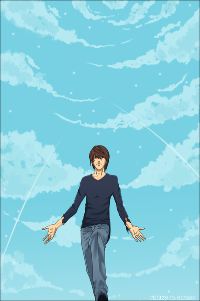 Anime picture 1398x2100 with death note madhouse yagami light n3eko123 single tall image short hair smile brown hair brown eyes signed sky cloud (clouds) coloring torn clothes boy pants