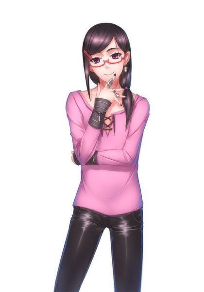 Anime picture 700x1000 with original qingmingtongzi single long hair tall image looking at viewer black hair smile white background purple eyes girl glasses