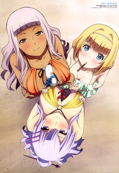 Anime picture 4084x5922 with heavy object j.c. staff milinda brantini frolaytia capistrano long hair tall image looking at viewer blush highres breasts blue eyes light erotic blonde hair purple eyes multiple girls brown eyes absurdres cleavage purple hair white hair