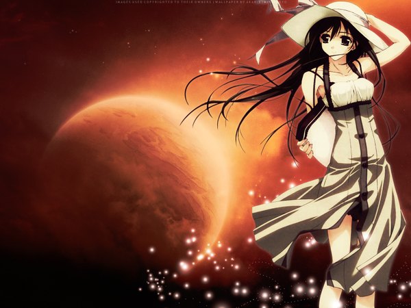 Anime picture 1600x1200 with murakami suigun long hair wind girl dress hat white dress planet