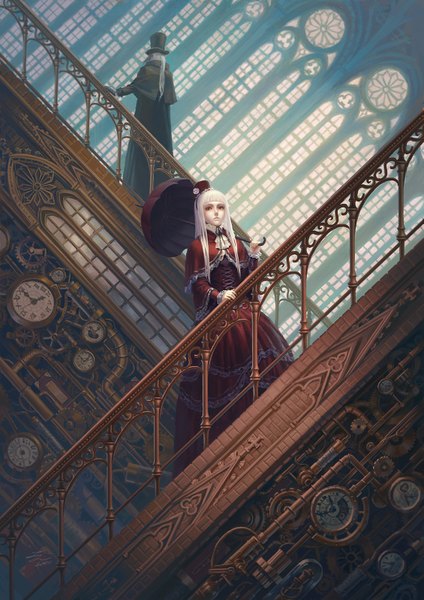 Anime picture 1129x1596 with original zhoujialin long hair tall image looking at viewer fringe red eyes standing white hair ponytail grey hair back abstract steam punk girl dress boy gloves bow hat