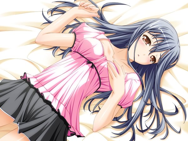 Anime picture 1200x900 with brown eyes blue hair game cg lying girl skirt miniskirt bed