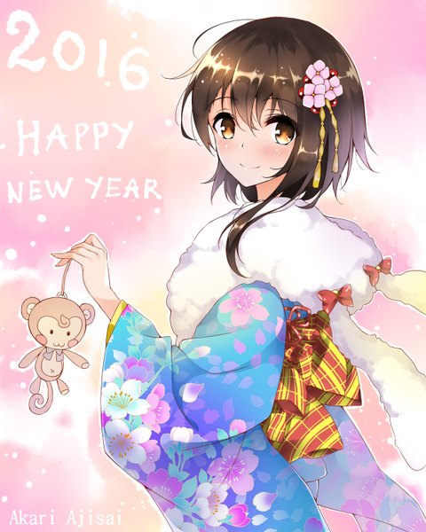 Anime picture 1200x1500 with nisekoi shaft (studio) onodera kosaki akari ajisai single tall image looking at viewer blush short hair smile brown hair holding brown eyes signed traditional clothes japanese clothes inscription floral print new year happy new year
