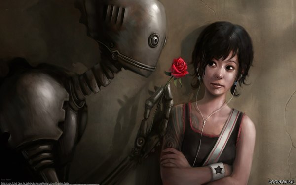 Anime picture 1680x1050 with original rudy faber short hair black hair wide image lips black eyes tattoo crossed arms science fiction girl flower (flowers) earrings rose (roses) wire (wires) wall robot