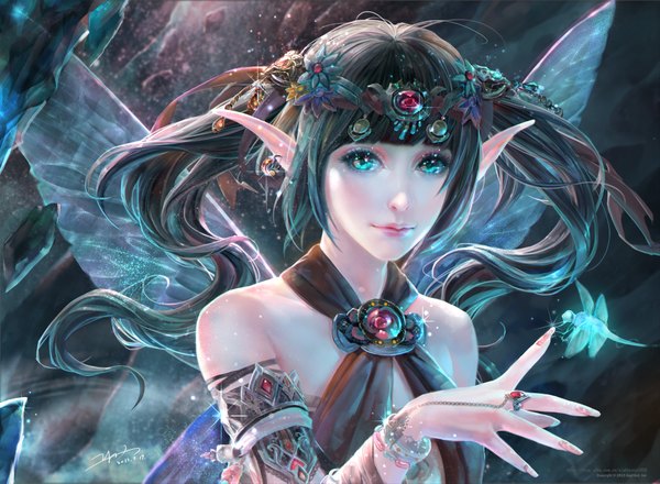 Anime picture 2000x1467 with original yu-han single long hair looking at viewer highres black hair twintails bare shoulders signed aqua eyes pointy ears insect wings lightning butterfly wings girl hair ornament earrings wings jewelry