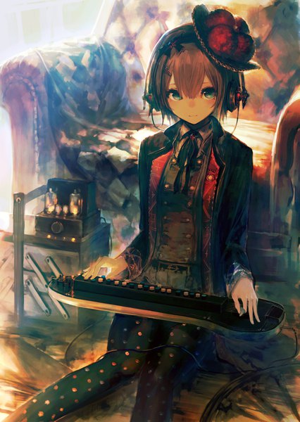 Anime picture 2508x3528 with original garuku single tall image looking at viewer blush fringe highres short hair hair between eyes brown hair sitting green eyes indoors blurry polka dot girl hat headphones musical instrument